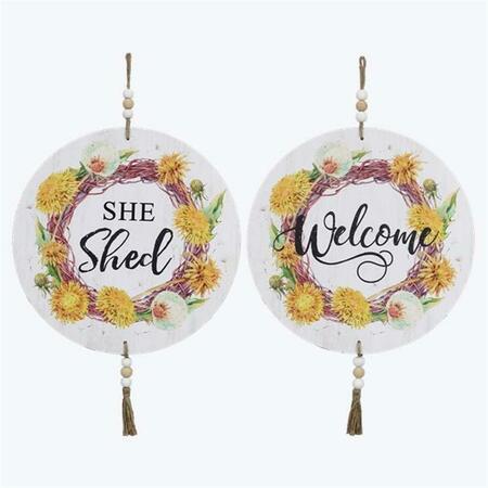 YOUNGS Wood Round She Shed Wall Sign with Blessing Beads, Assorted Color - 2 Piece 72136